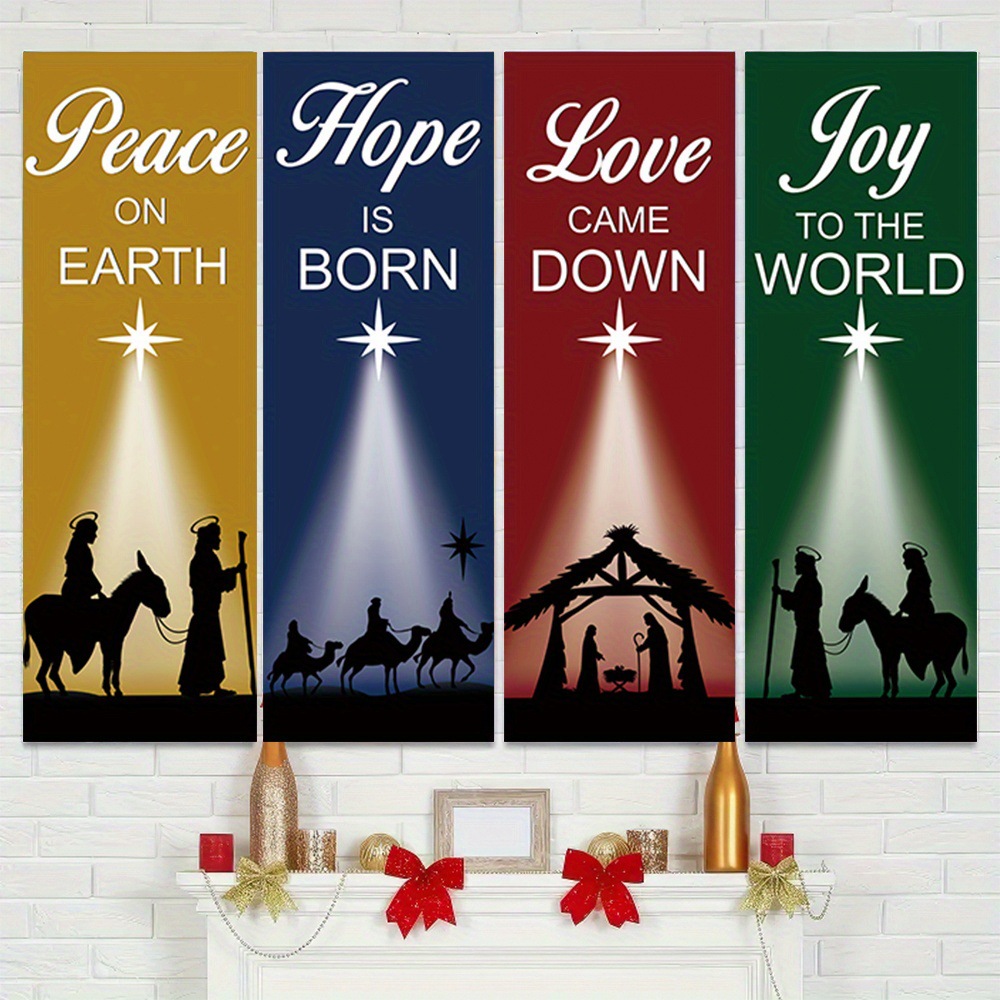 Home Decor Locations - 4-Piece Christmas-Themed Banners Depicting Religious Blessings,