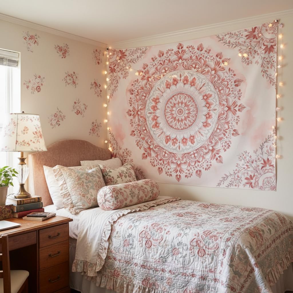 Pink Floral Mandala Tapestry – - Aesthetic Tapestry recension och pris